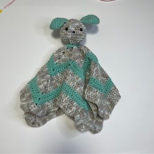 Crochet Bunny Security Blanket Lovey Handmade Green Mint Tan Toy Stuffed